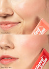 Top-to-bottom comparison of female with AvryBeauty’s Red-dy or Not and Peachy Keen Lip & Cheek Vegan Tinted Balms applied to both her lips and cheeks.