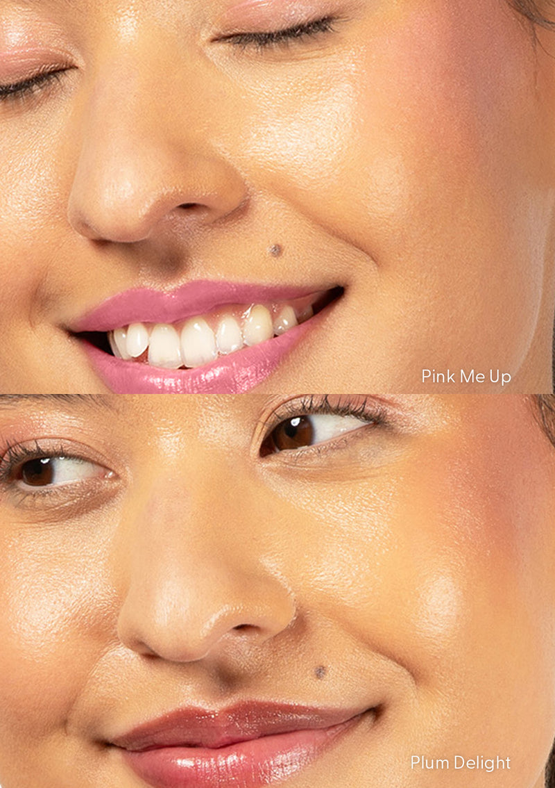 Top-to-bottom comparison of a smiling woman with Pink Me Up Lip & Cheek Tinted Balm and Plum Delight Lip & Cheek Tinted Balm, applied to lips, cheeks, and eyelids.