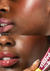 Top-to-bottom comparison of a woman showcasing Pink Me Up vegan Lip & Cheek Tinted Balm and Plum Delight vegan Lip & Cheek Tinted Balm, applied to lips and cheeks.