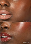 Top-to-bottom comparison of female with AvryBeauty’s Peachy Keen and Red-dy or Not Lip & Cheek Tinted Balms applied to her lips and cheek a must-have vegan makeup product. 