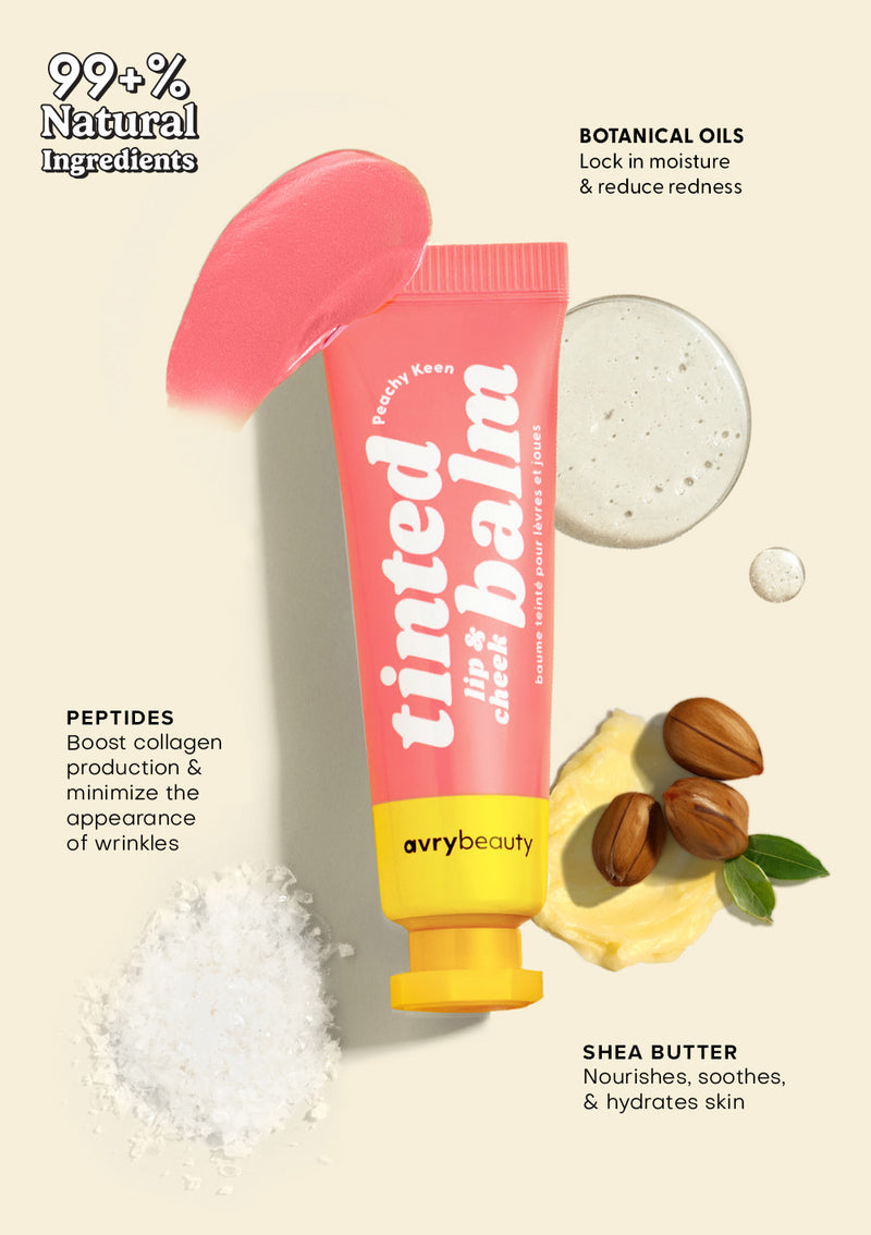 AvryBeauty’s Peachy Keen Lip & Cheek Tinted Balm tube and texture swipe on a beige background, surrounded by its key vegan skincare ingredients: shea butter, botanical oils, and peptides.