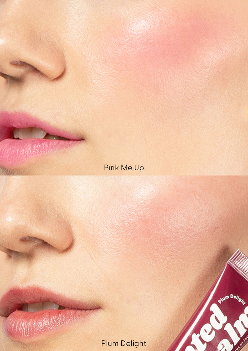 Comparison of a woman wearing Pink Me Up Lip & Cheek Tinted Balm and Plum Delight Lip & Cheek Tinted Balm, applied to lips and cheeks.